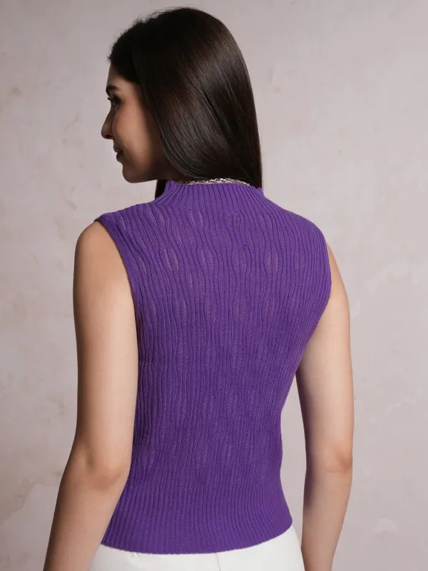 Tokyo Talkies Women Purple Mock Collar Sweaters