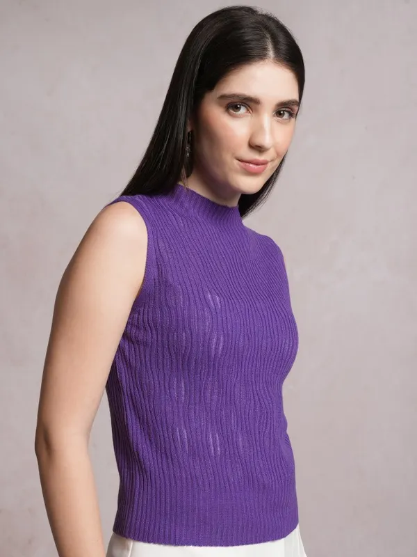  Tokyo Talkies Women Purple Mock Collar Sweaters