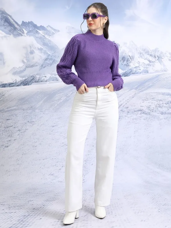 Tokyo Talkies Women Purple High Neck Sweaters