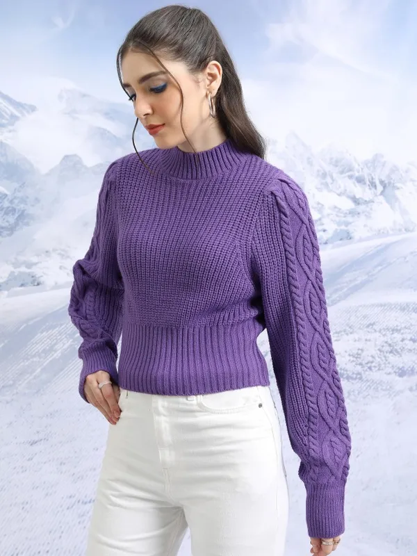 Tokyo Talkies Women Purple High Neck Sweaters