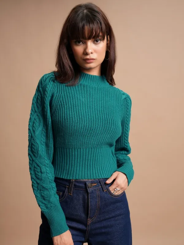  Tokyo Talkies Women Teal Mock Collar Sweaters