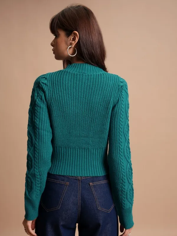 Tokyo Talkies Women Teal Mock Collar Sweaters