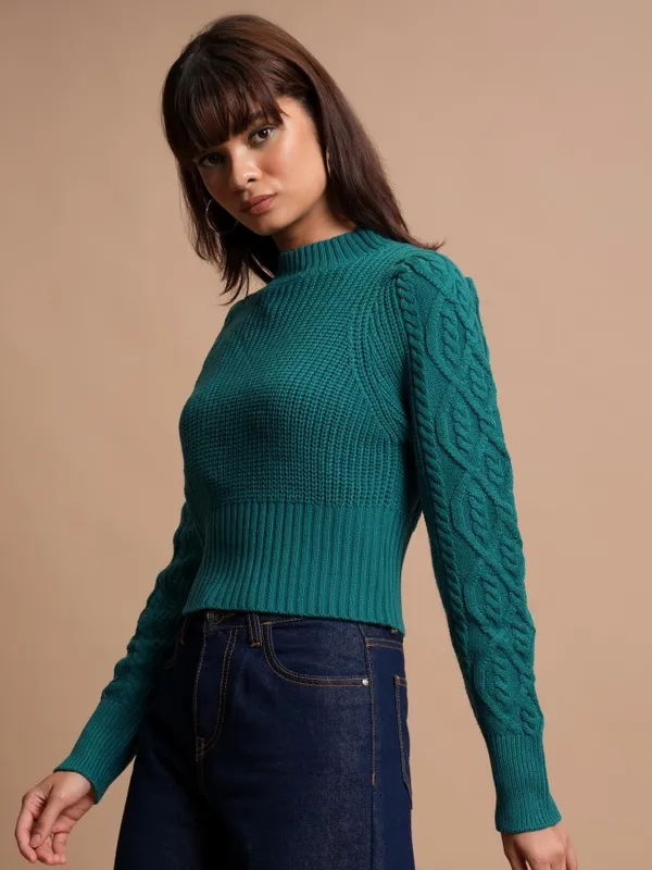  Tokyo Talkies Women Teal Mock Collar Sweaters