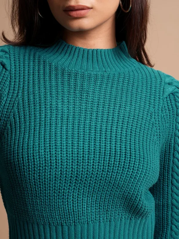  Tokyo Talkies Women Teal Mock Collar Sweaters