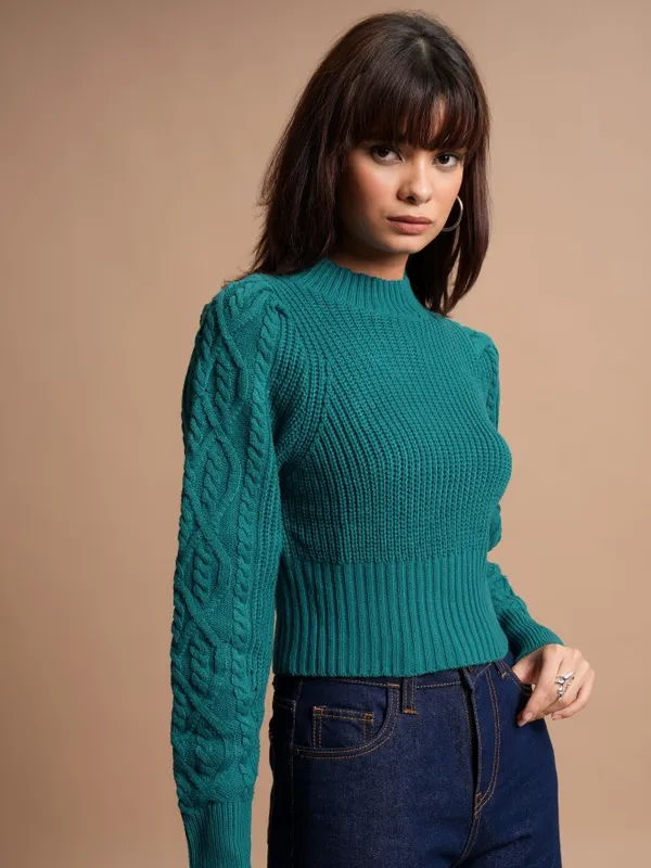  Tokyo Talkies Women Teal Mock Collar Sweaters