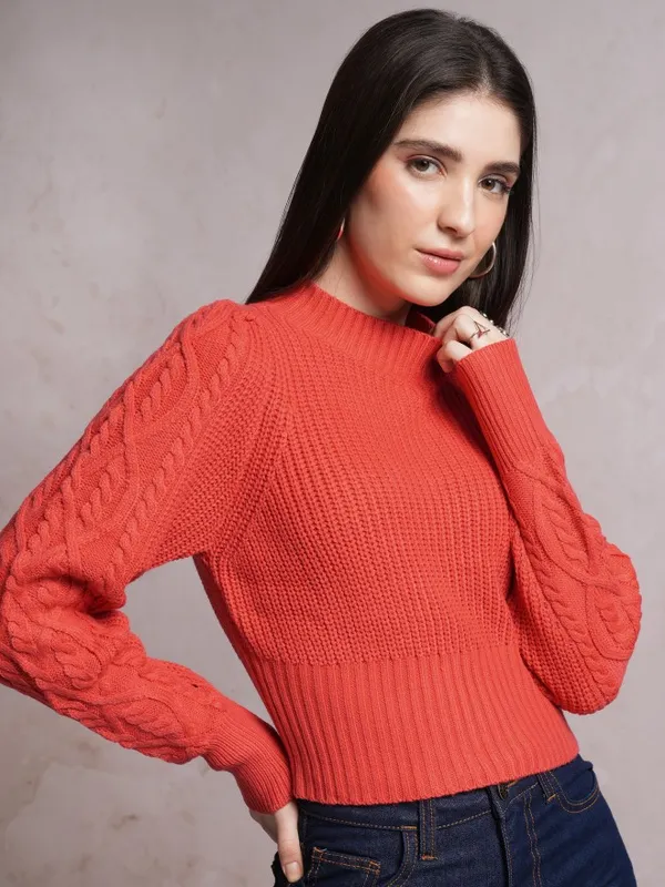  Tokyo Talkies Women Red Mock Collar Sweaters