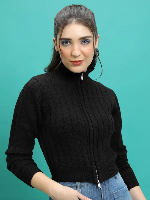  Tokyo Talkies Women Black Mock Collar Sweaters