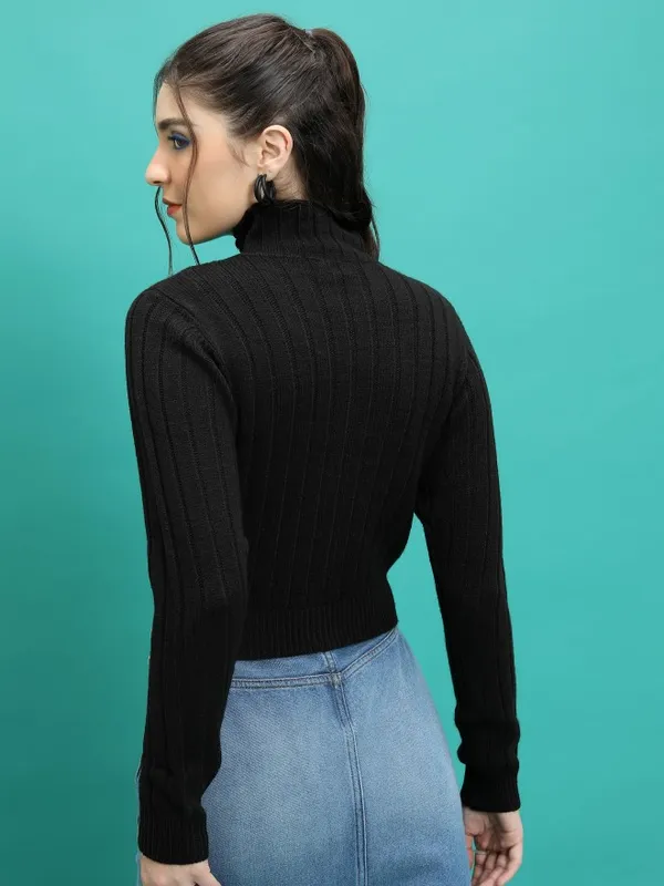  Tokyo Talkies Women Black Mock Collar Sweaters