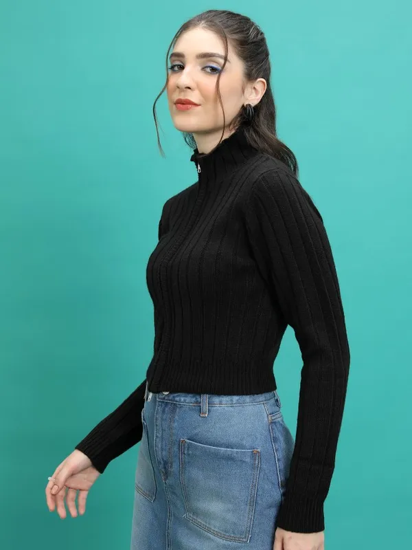  Tokyo Talkies Women Black Mock Collar Sweaters