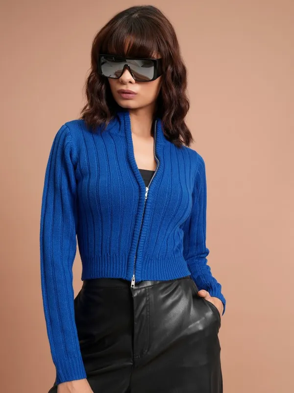  Tokyo Talkies Women Blue Mock Collar Sweaters