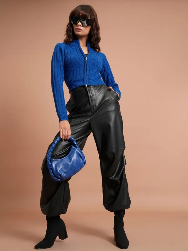  Tokyo Talkies Women Blue Mock Collar Sweaters