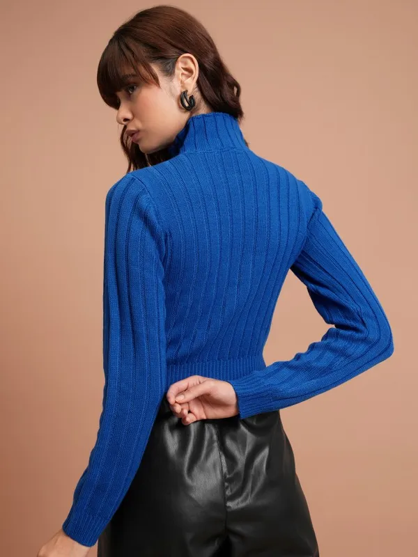 Tokyo Talkies Women Blue Mock Collar Sweaters