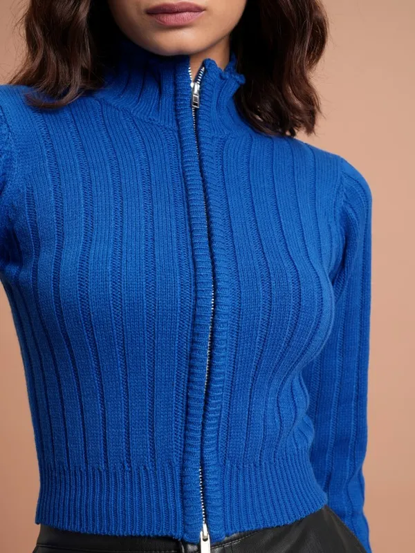  Tokyo Talkies Women Blue Mock Collar Sweaters
