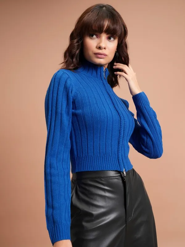  Tokyo Talkies Women Blue Mock Collar Sweaters