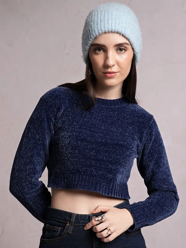  Tokyo Talkies Women Navy Blue Round Neck Sweaters