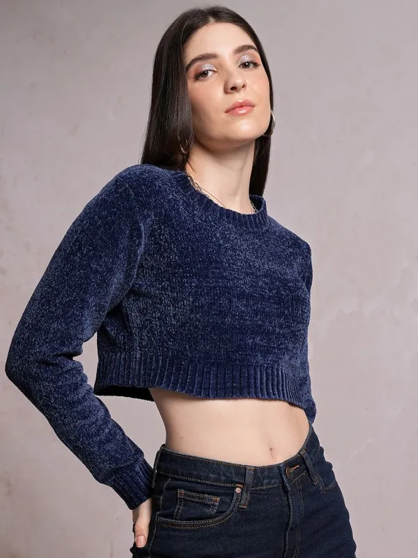 Tokyo Talkies Women Navy Blue Round Neck Sweaters