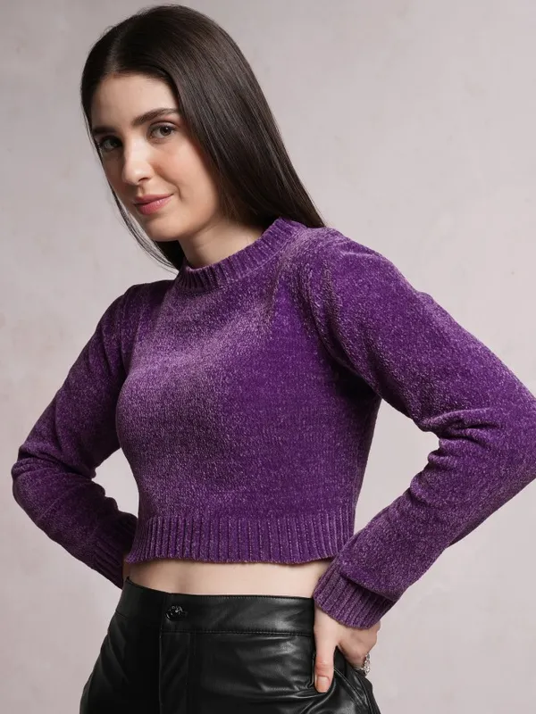  Tokyo Talkies Women Purple Round Neck Sweaters