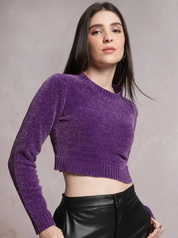  Tokyo Talkies Women Purple Round Neck Sweaters