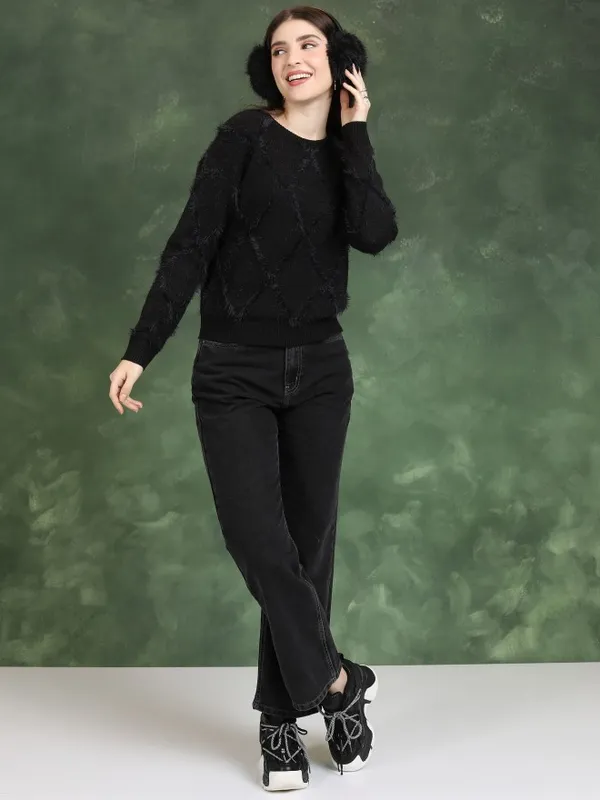 Tokyo Talkies Women Black Round Neck Sweaters