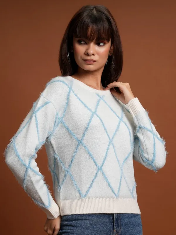 Tokyo Talkies Women White Round Neck Sweaters
