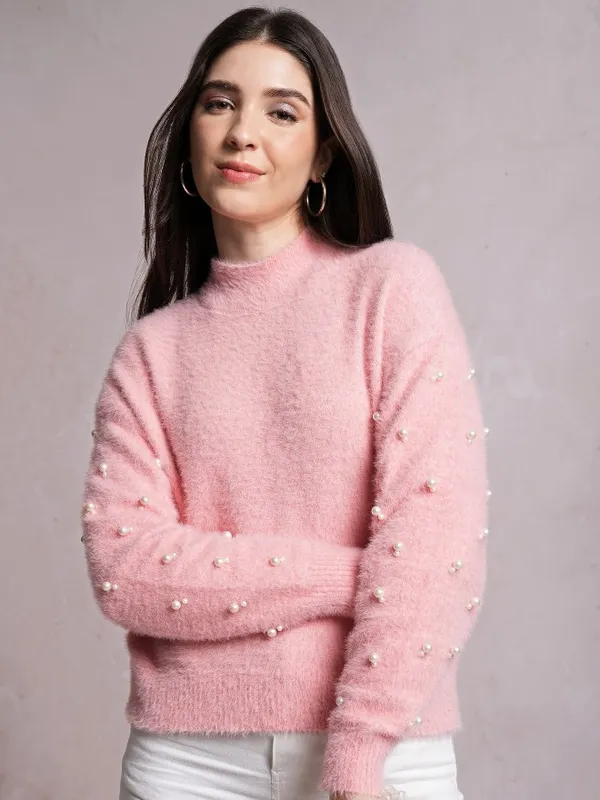 Tokyo Talkies Women Pink Mock Collar Sweaters