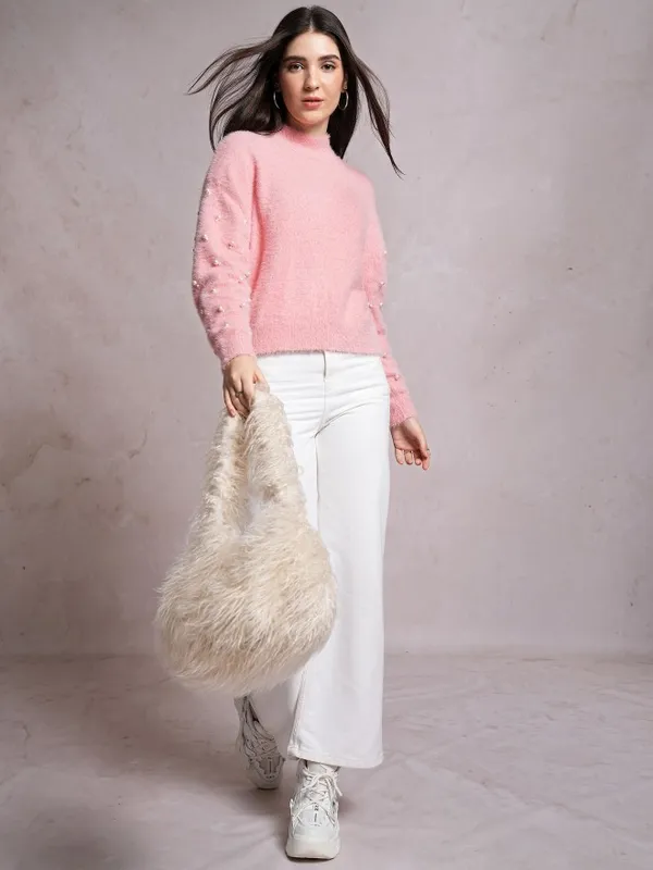 Tokyo Talkies Women Pink Mock Collar Sweaters