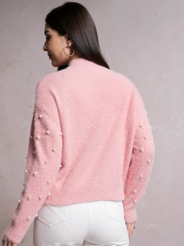 Tokyo Talkies Women Pink Mock Collar Sweaters