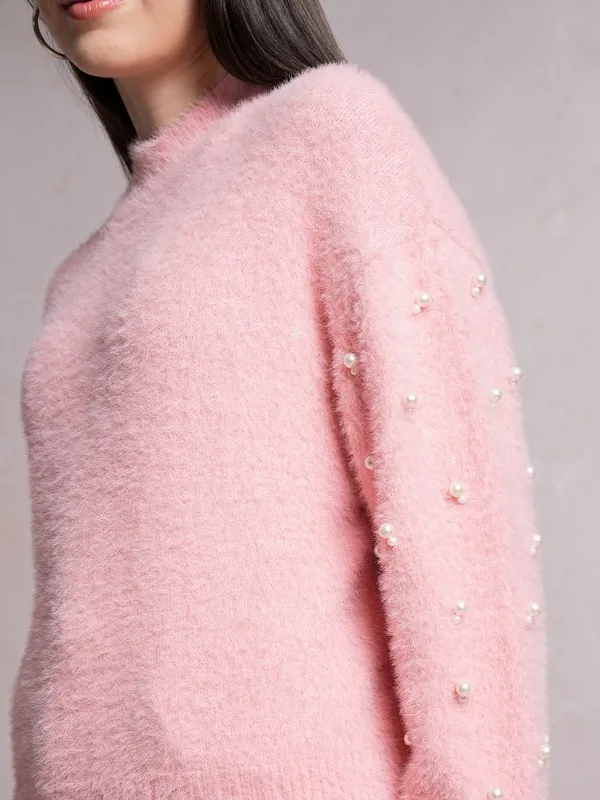 Tokyo Talkies Women Pink Mock Collar Sweaters