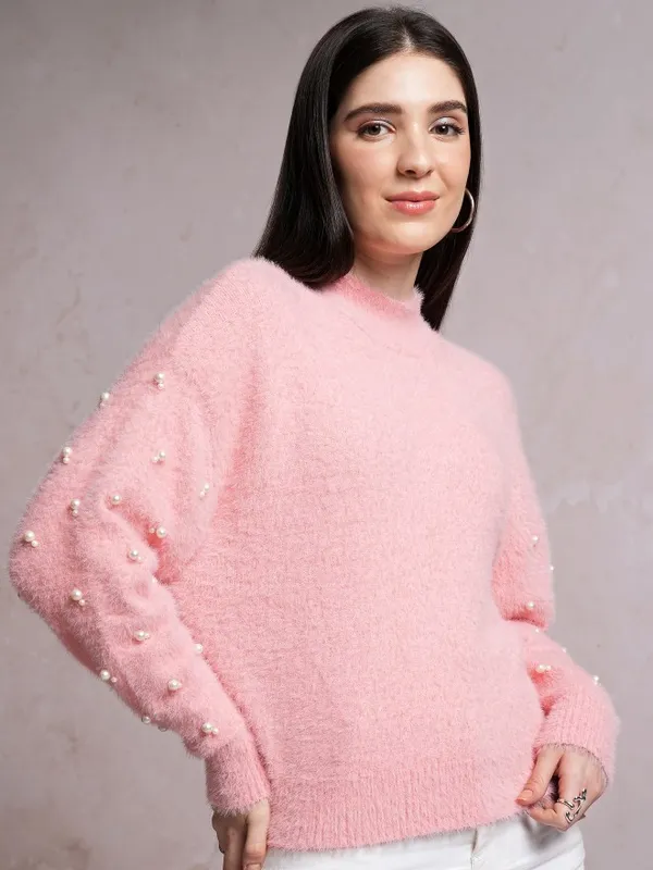 Tokyo Talkies Women Pink Mock Collar Sweaters