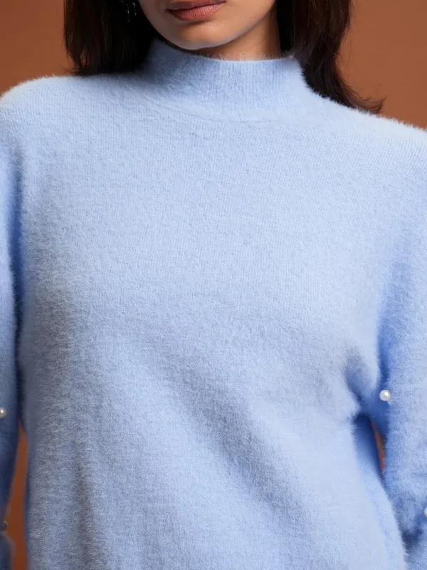 Tokyo Talkies Women Blue High Neck Sweaters