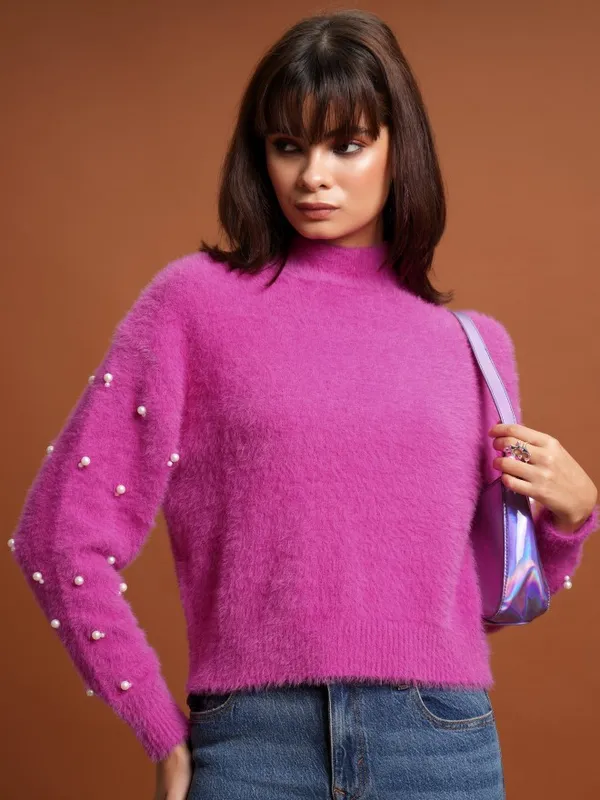 Tokyo Talkies Women Pink High Neck Sweaters