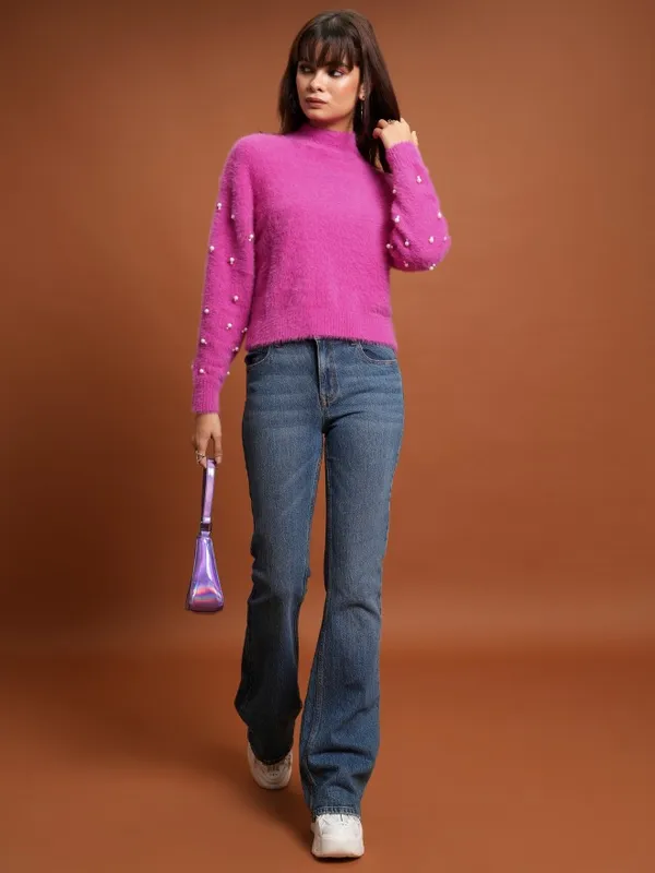 Tokyo Talkies Women Pink High Neck Sweaters
