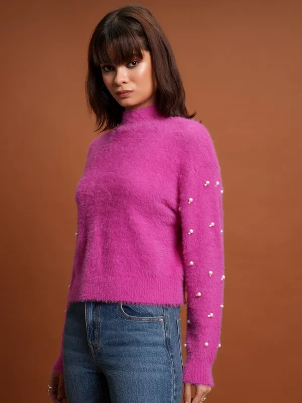 Tokyo Talkies Women Pink High Neck Sweaters