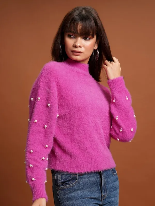 Tokyo Talkies Women Pink High Neck Sweaters