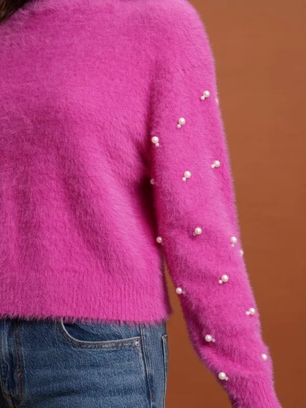 Tokyo Talkies Women Pink High Neck Sweaters