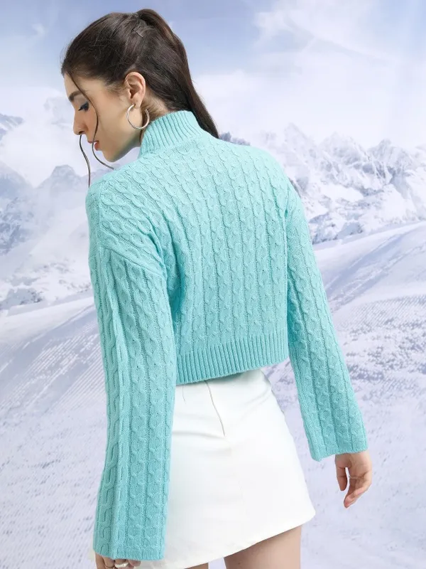 Tokyo Talkies Women Blue High Neck Sweaters