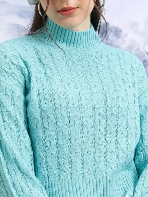 Tokyo Talkies Women Blue High Neck Sweaters