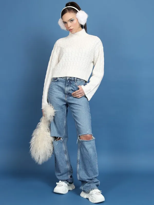  Tokyo Talkies Women White High Neck Sweaters