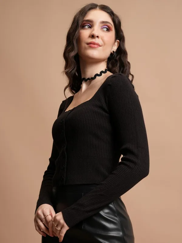  Tokyo Talkies Women Black Square Neck Sweaters