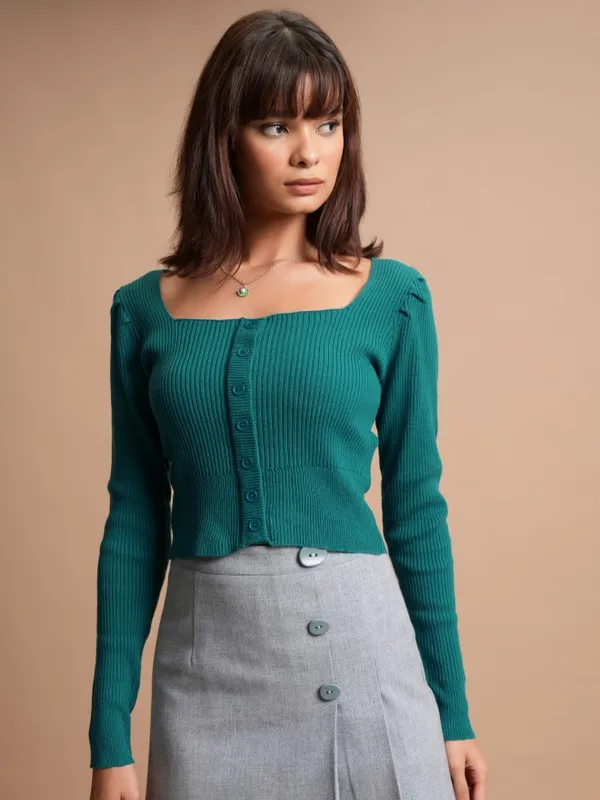  Tokyo Talkies Women Teal Square Neck Sweaters