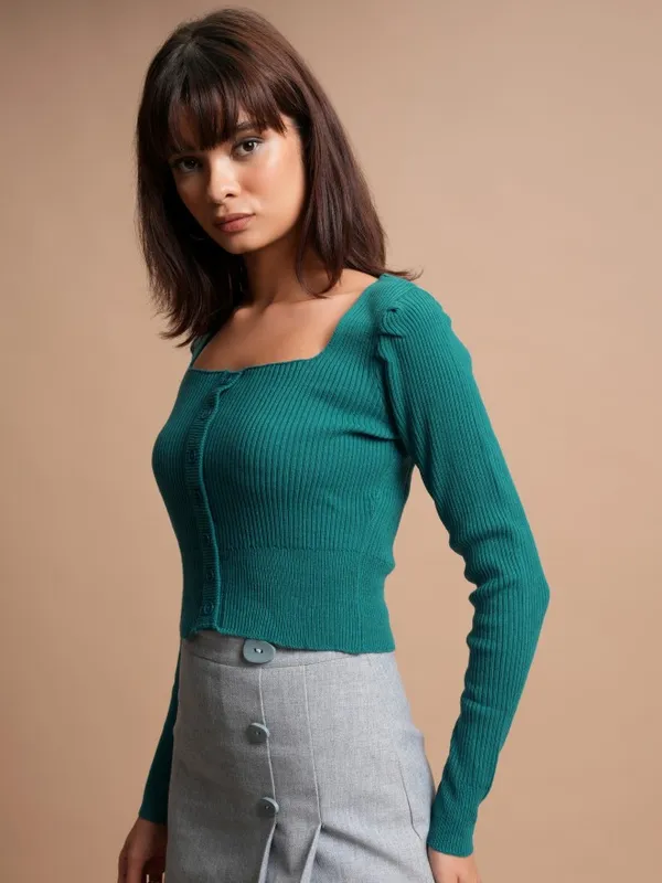  Tokyo Talkies Women Teal Square Neck Sweaters