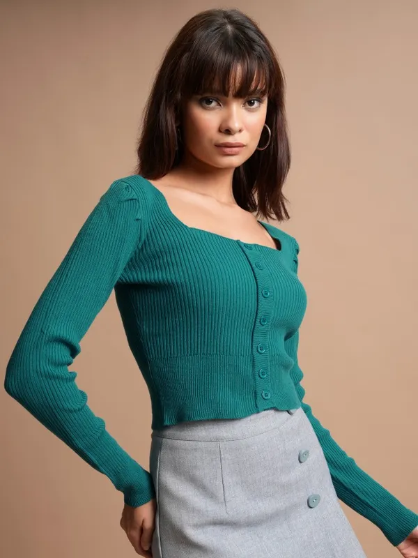  Tokyo Talkies Women Teal Square Neck Sweaters
