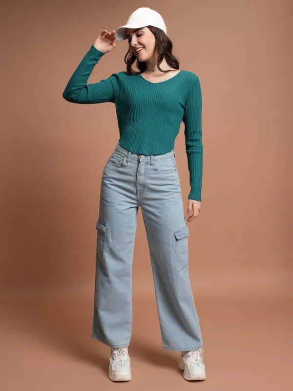  Tokyo Talkies Women Teal Scoop Neck Sweaters