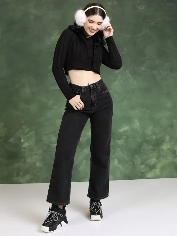  Tokyo Talkies Women Black Lapel Collar Sweaters