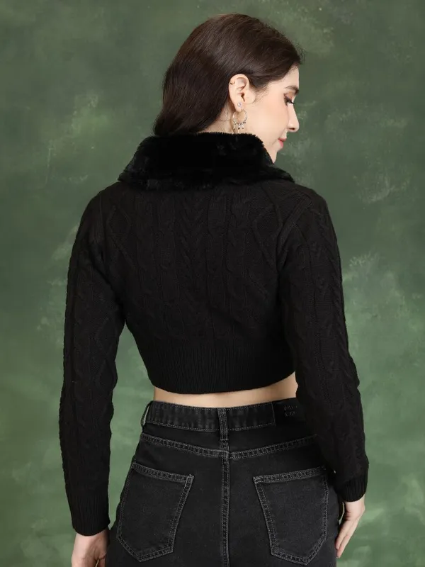 Tokyo Talkies Women Black Lapel Collar Sweaters