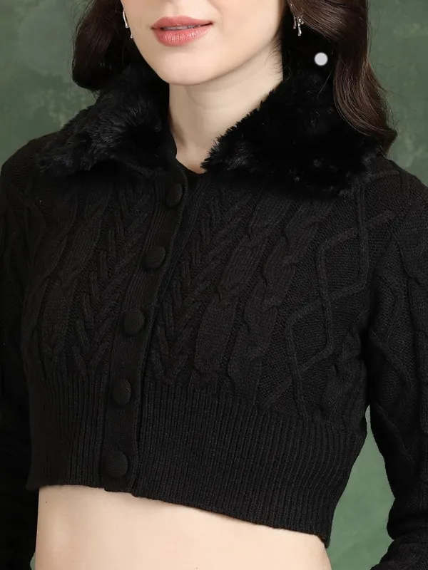  Tokyo Talkies Women Black Lapel Collar Sweaters