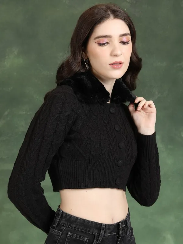  Tokyo Talkies Women Black Lapel Collar Sweaters