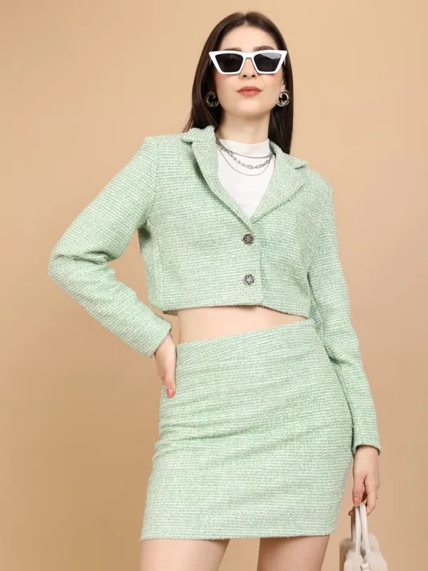 Tokyo Talkies Women Green Blazer With Skirt