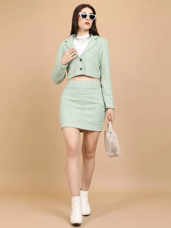 Tokyo Talkies Women Green Blazer With Skirt