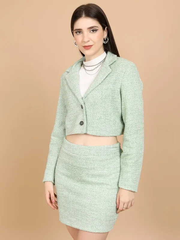 Tokyo Talkies Women Green Blazer With Skirt